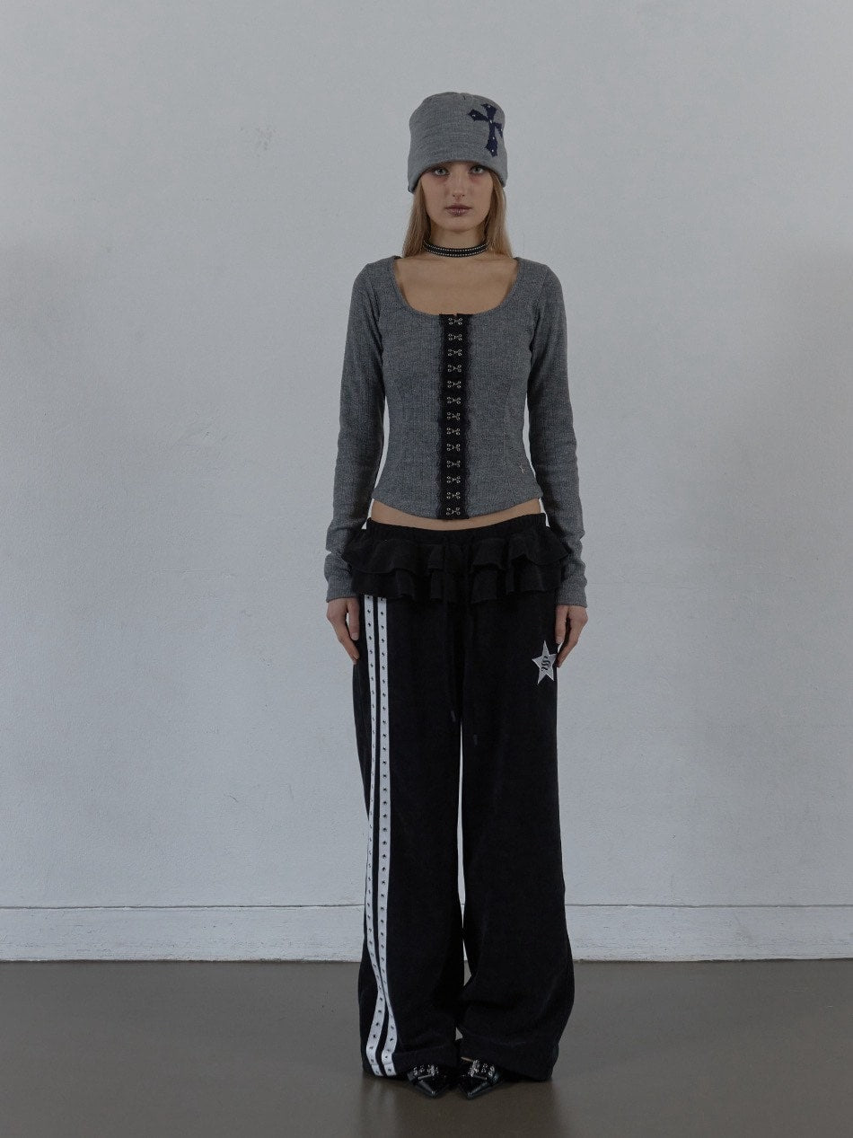 【SETUP‐EXE】FRILL EYELET SWEATPANTS / 【セットアップエグゼ】フリルアイレットサイドラインスウェットパンツ