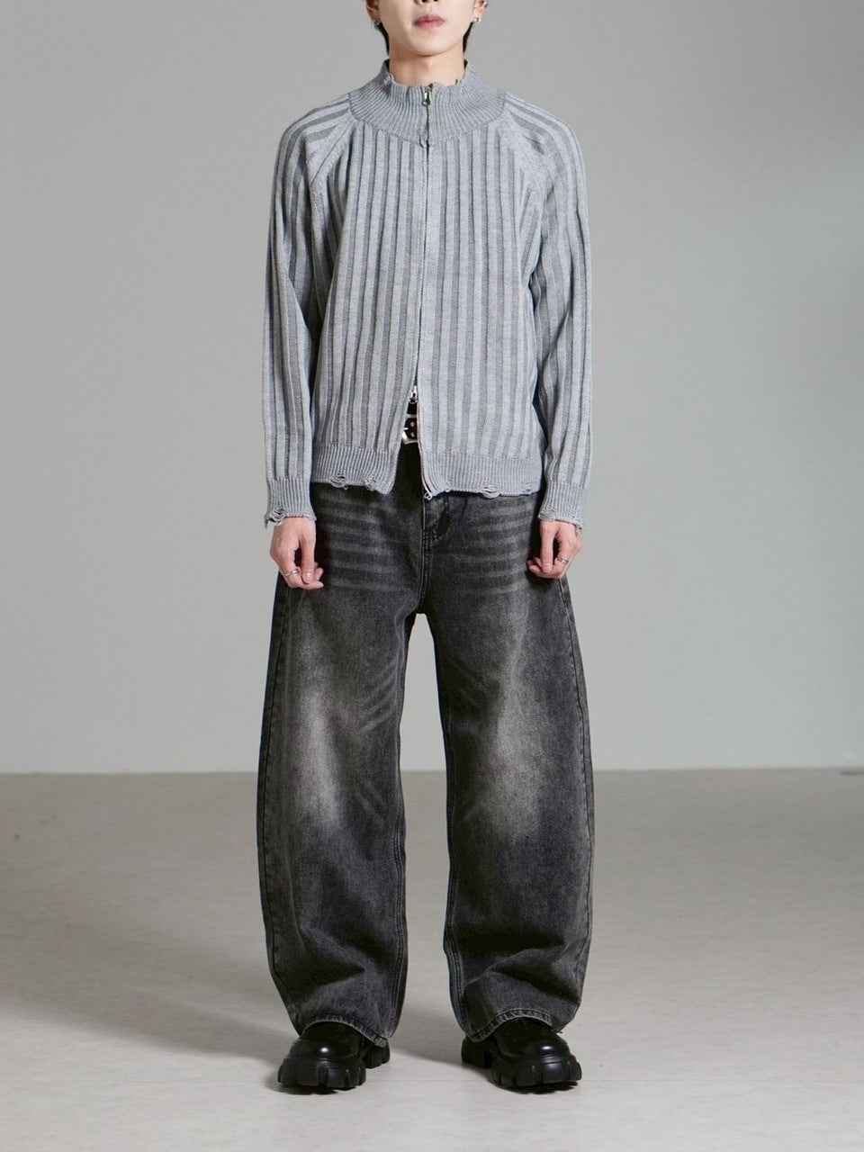 受注制【Chikashitsu +】contrast rib zip up knit / 【チカシツプラス】コントラストリブジップアップニット (2color)