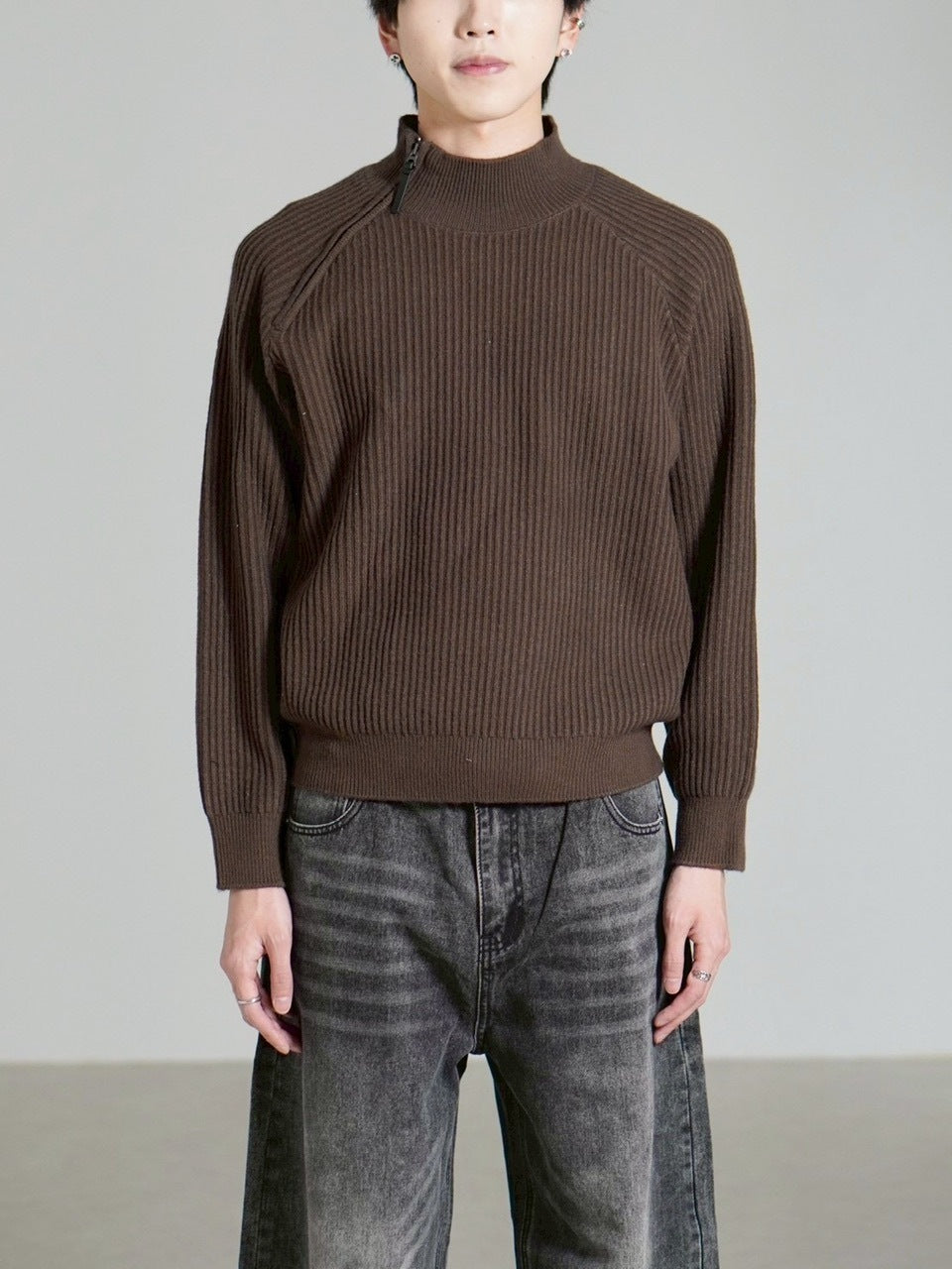 受注制【Chikashitsu +】shoulder zipper rib knit / 【チカシツプラス】ショルダージッパーリブニット (3color)