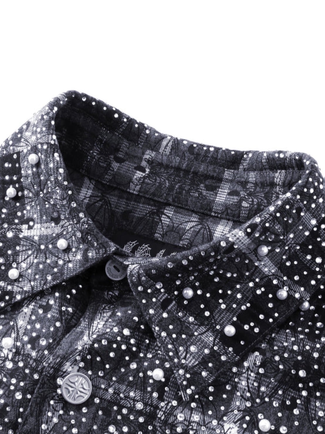 【The Boy Has No Patience】TBHNP LUMINOUS DAWN RHINESTONE PEARL BAT PATTERN L-S SHIRT / 【ザボーイハズノーペーシェンス】ラインストーンチェックシャツ