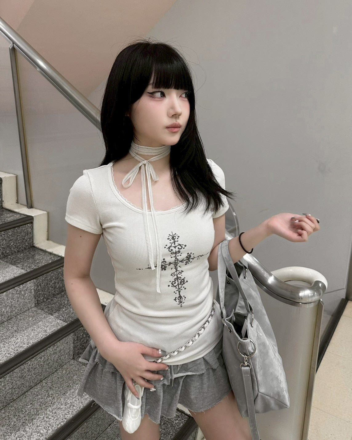 【nmtc+】Mika Cross Shirring Tee Scarf Set (3color)