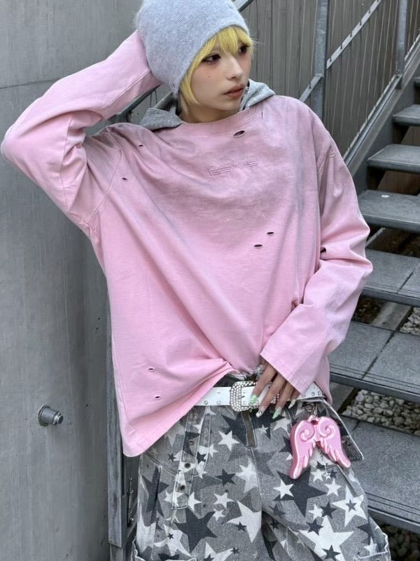 国際配送【Never mind the XU】damage washed long sleeve (3color)
