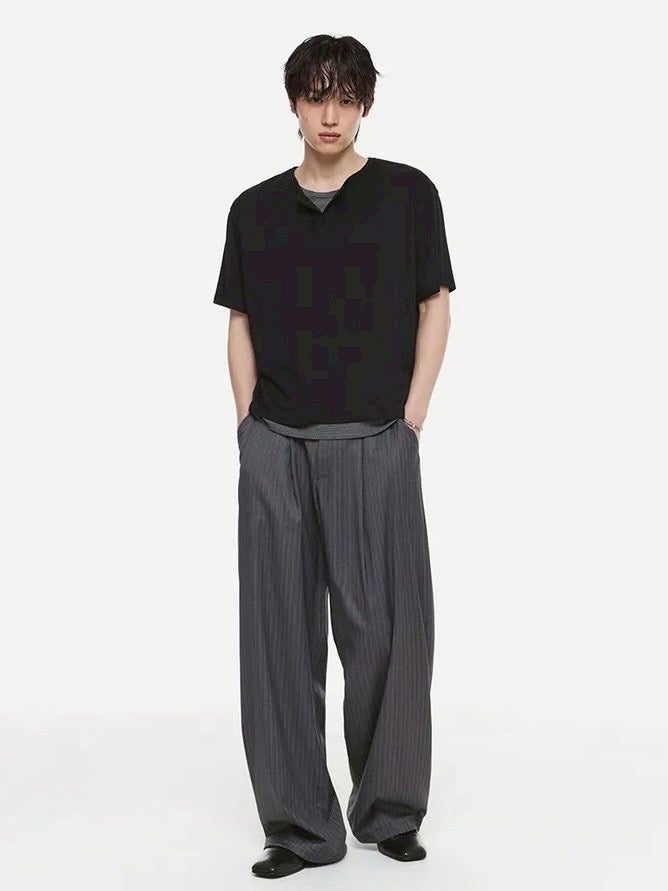 【DNSR】Layered Henley Neck T-Shirt