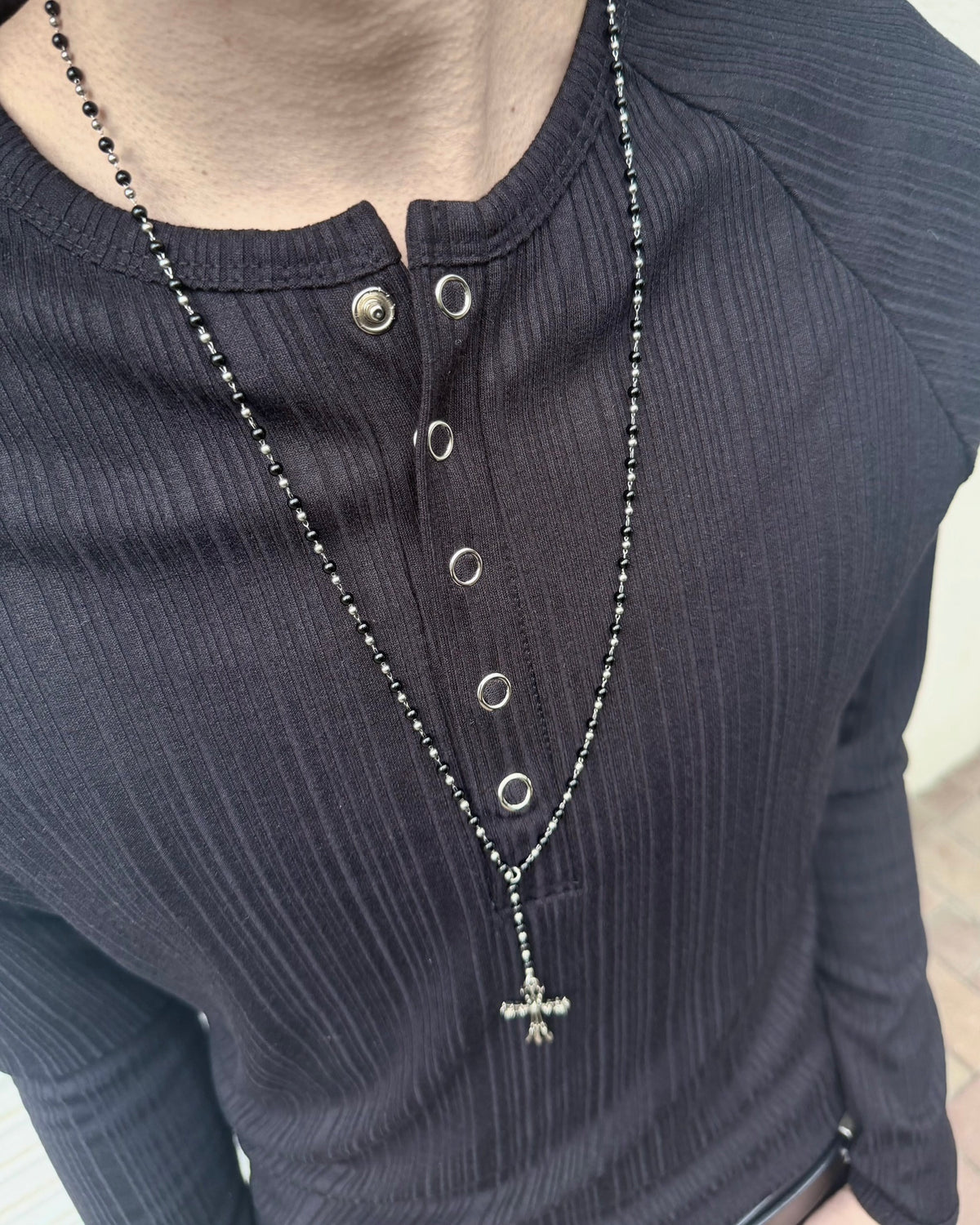 受注制【nmtc+】Snap henley neck ribbed slim top (4color)