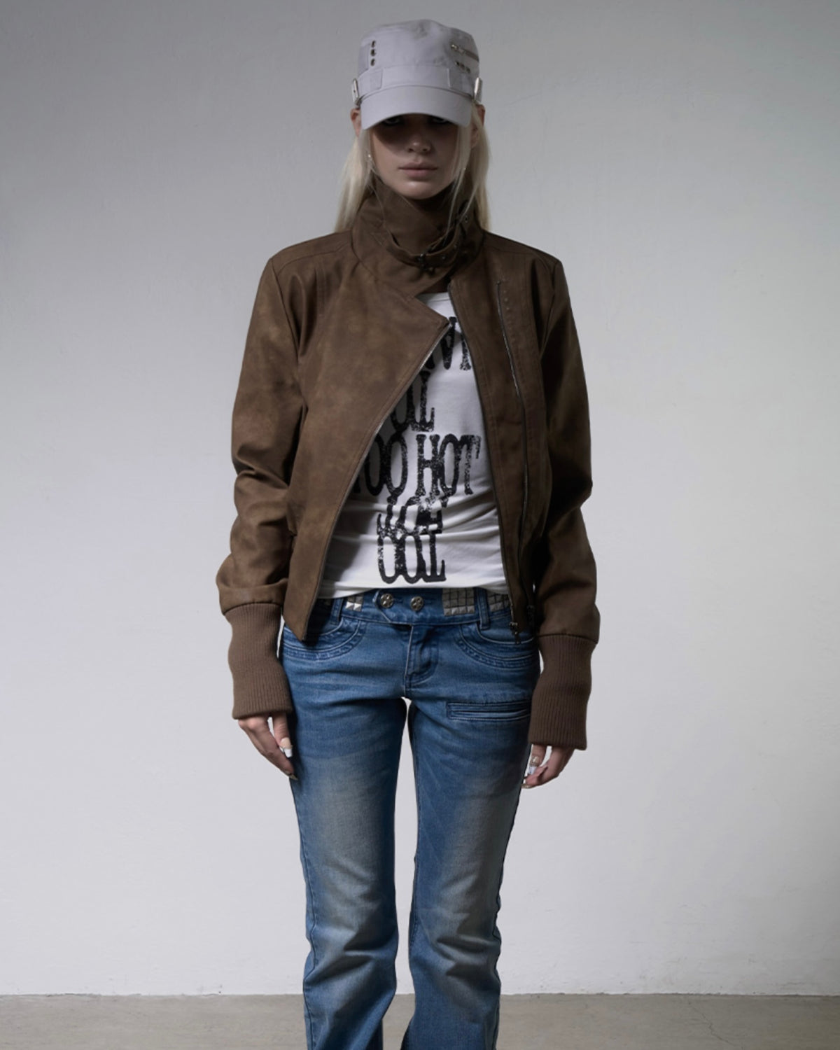 【FANCY CLUB】HIGH-NECK RIBBED LEATHER JACKET