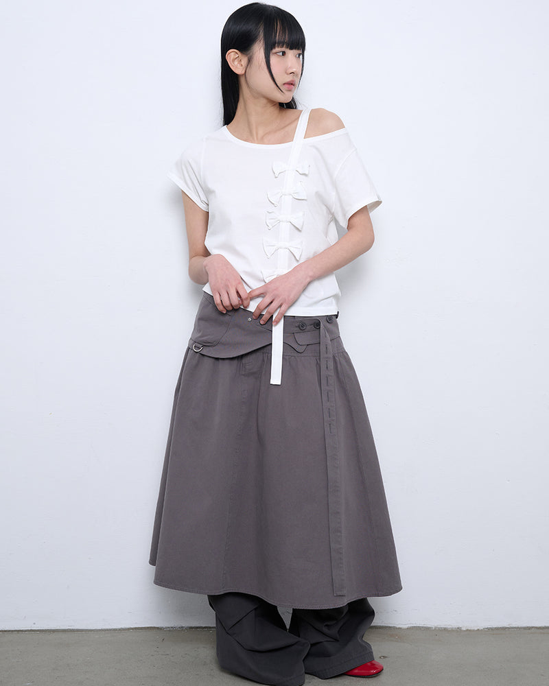 【TUOMIO】RIBBON OFF SHOULDER T-SHIRT
