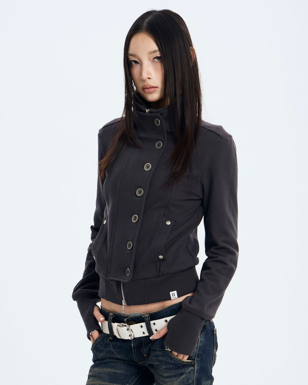 【NOT KNOWING】Button High Neck Zip Up
