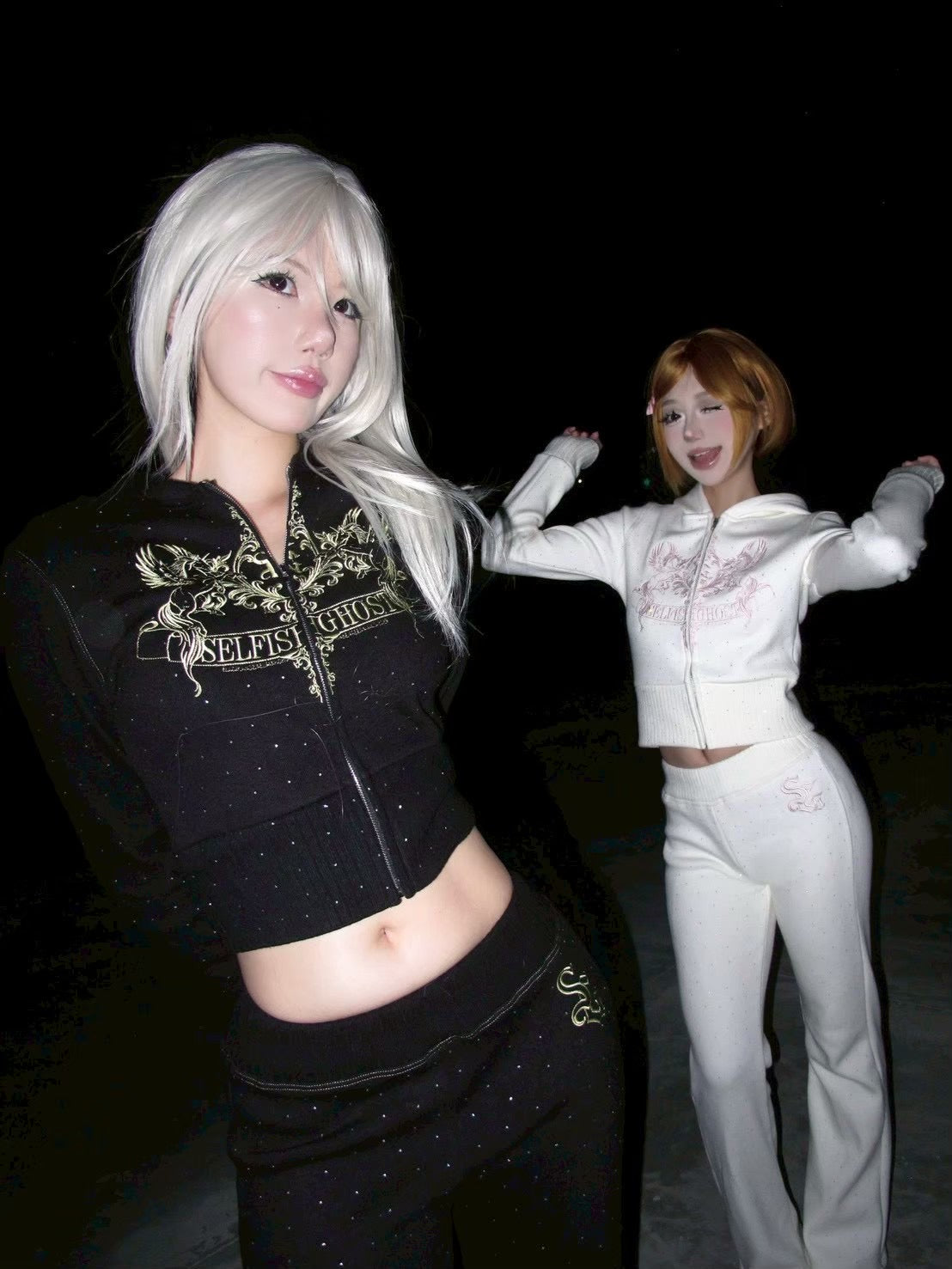 【SelfishGhost】Embroidered knitted silver fox fur-like plush tracksuit zip-up