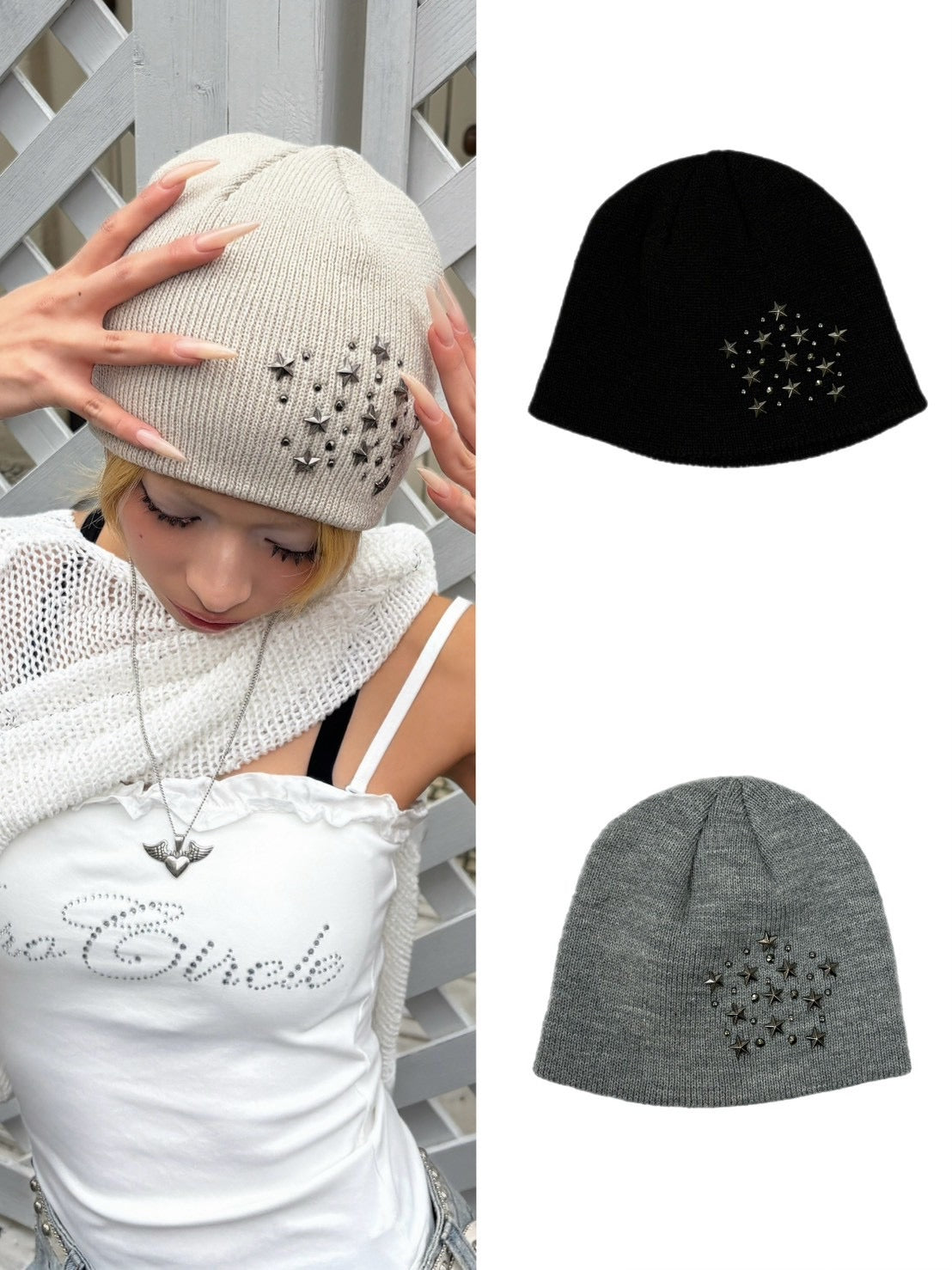 帽子 pizi88 Layered Studs Beanie ZTMY Beanie (White) - ZUTOMAYO MART