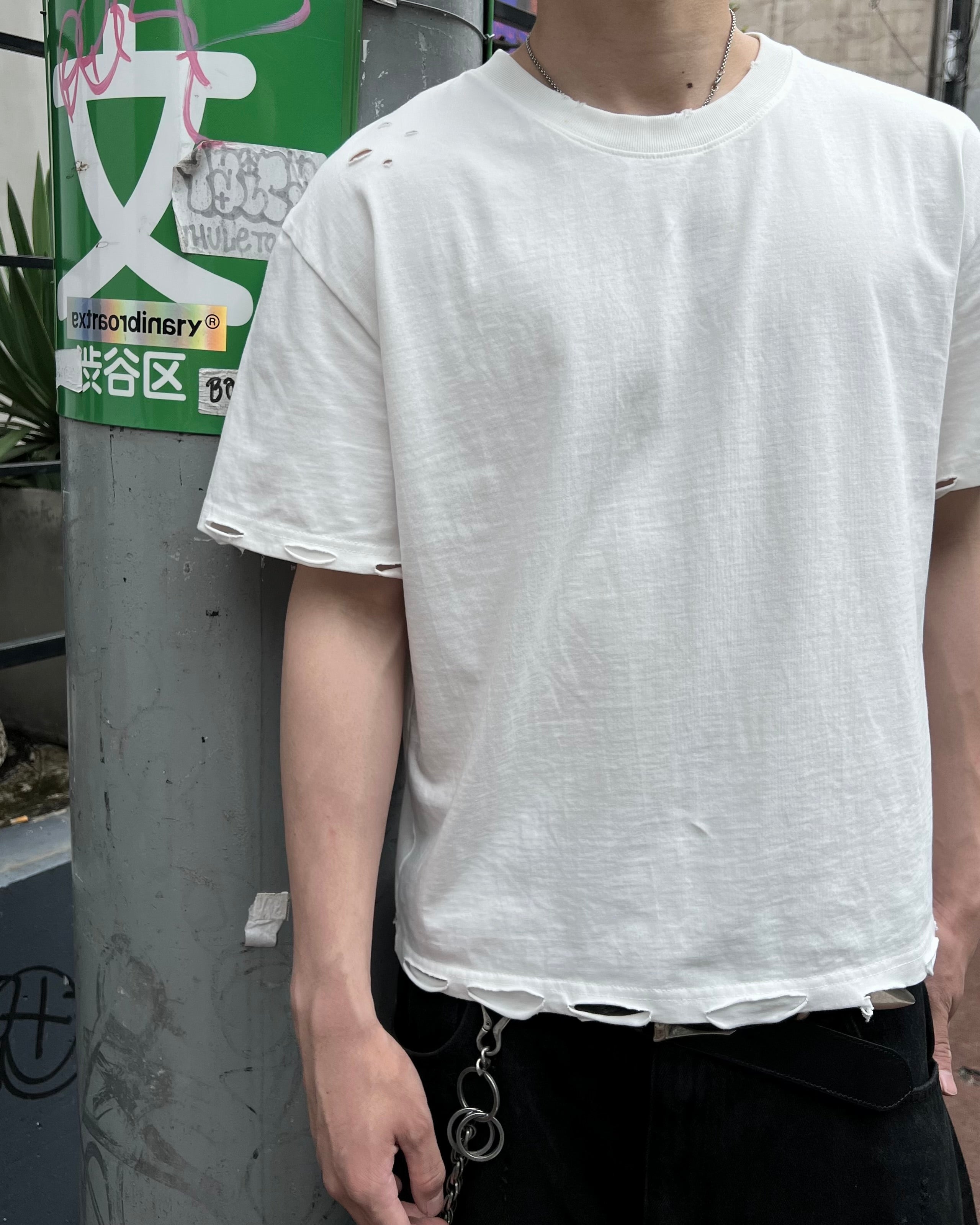 大阪店WEB限定受注制【Chikashitsu +】grunge damage crop t-shirt (3color)