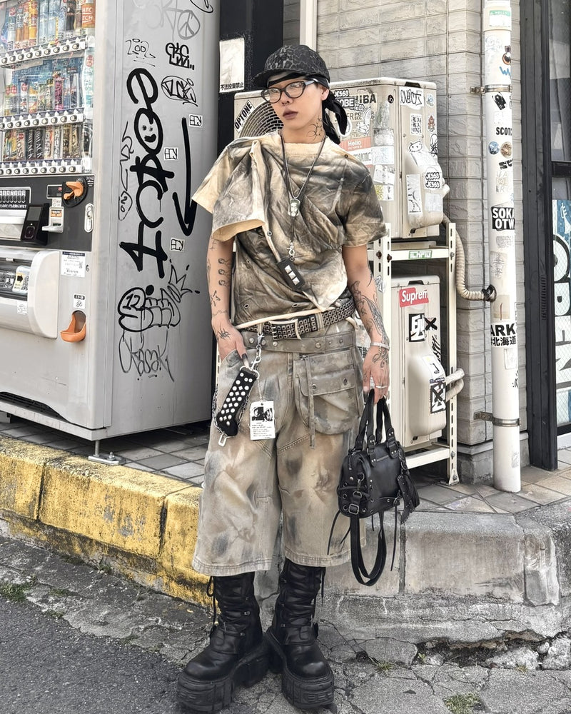 国際配送【Never mind the XU】vintage wash buggy half pants