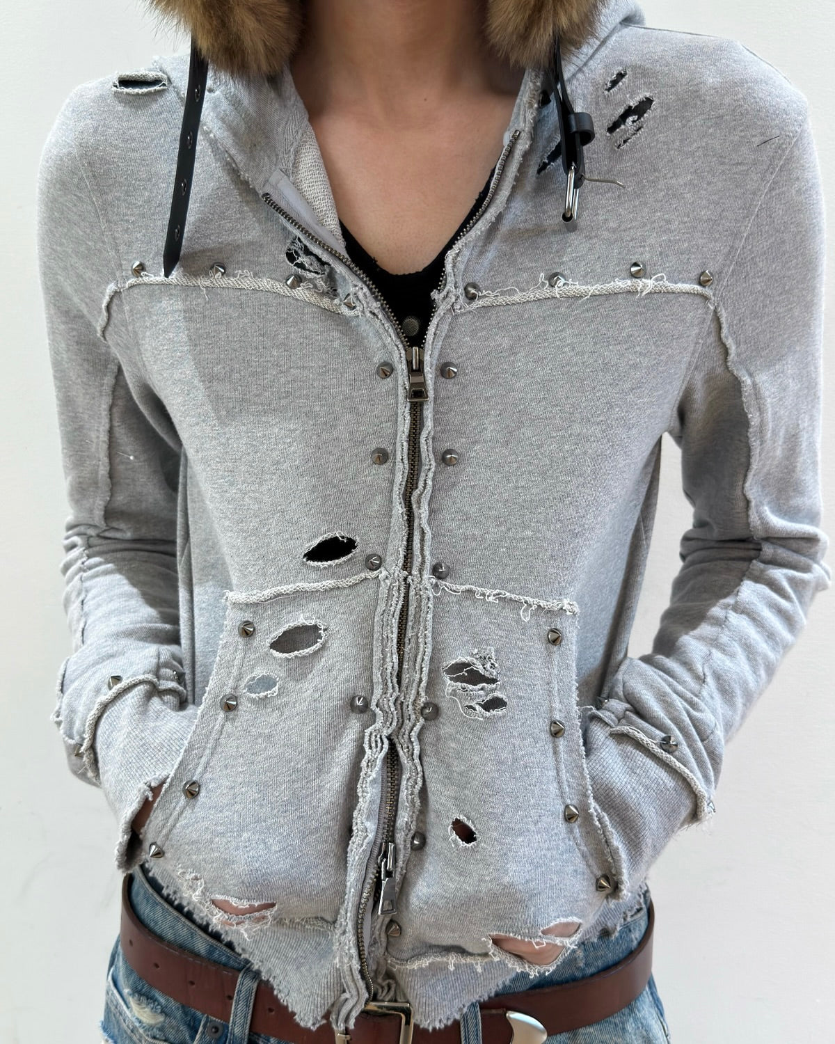 【LECYTO】Destroyed Spike Zip-Up Hoodie
