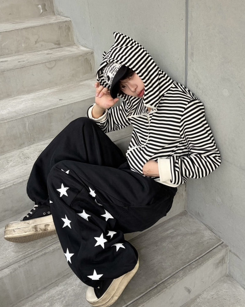 国際配送【LUV CODE】stripe cropped zip up hoodie