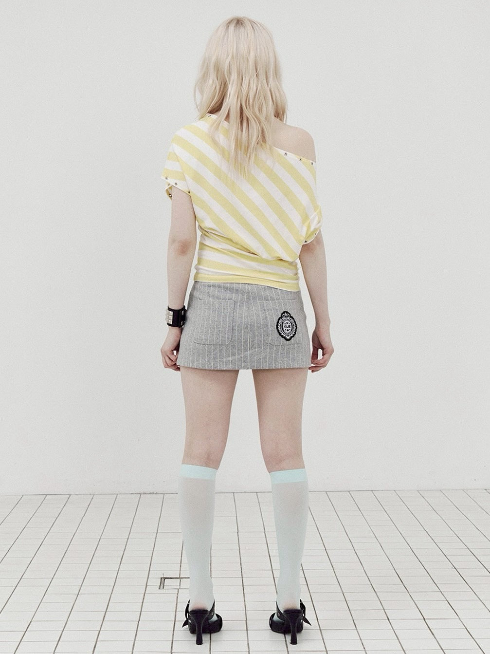 【SETUP-EXE】STRIPE EYELET DRAPE TOP