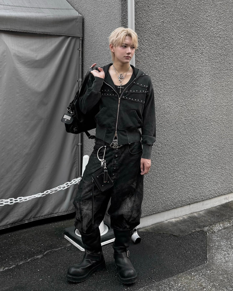 国際配送【Never mind the XU】Washed Studded Zip Up Hoodie
