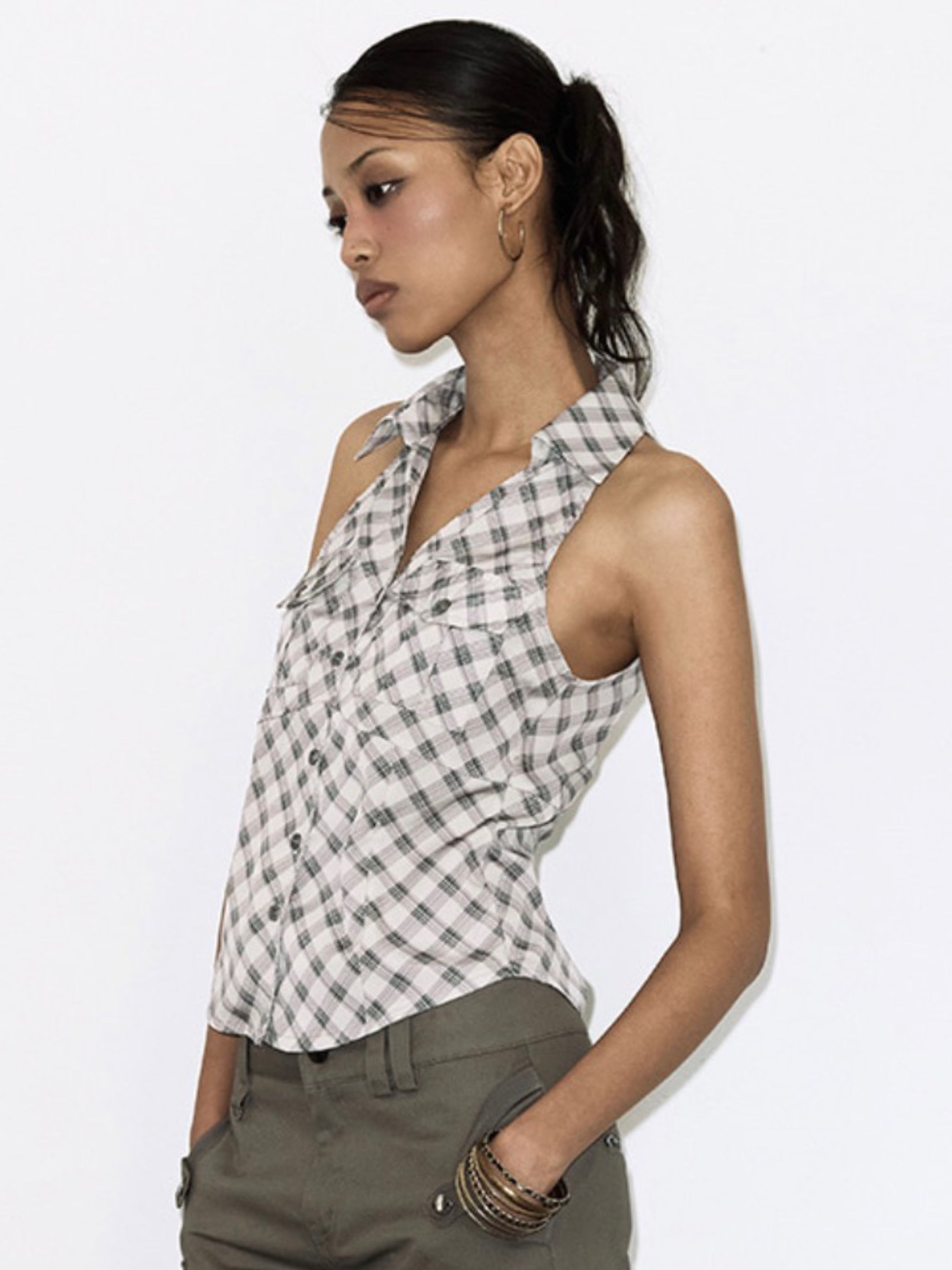【FANCY CLUB】POCKET CHECK HALTERNECK TOP