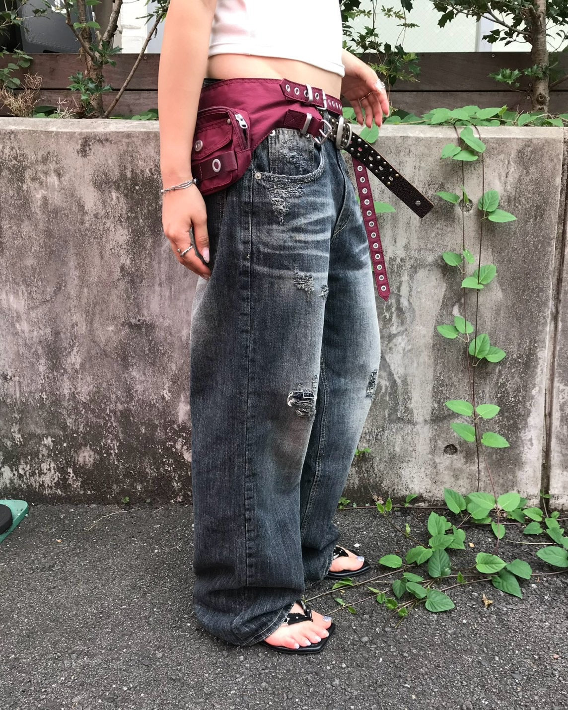 受注制【OaKS】faded wide-leg denim pants
