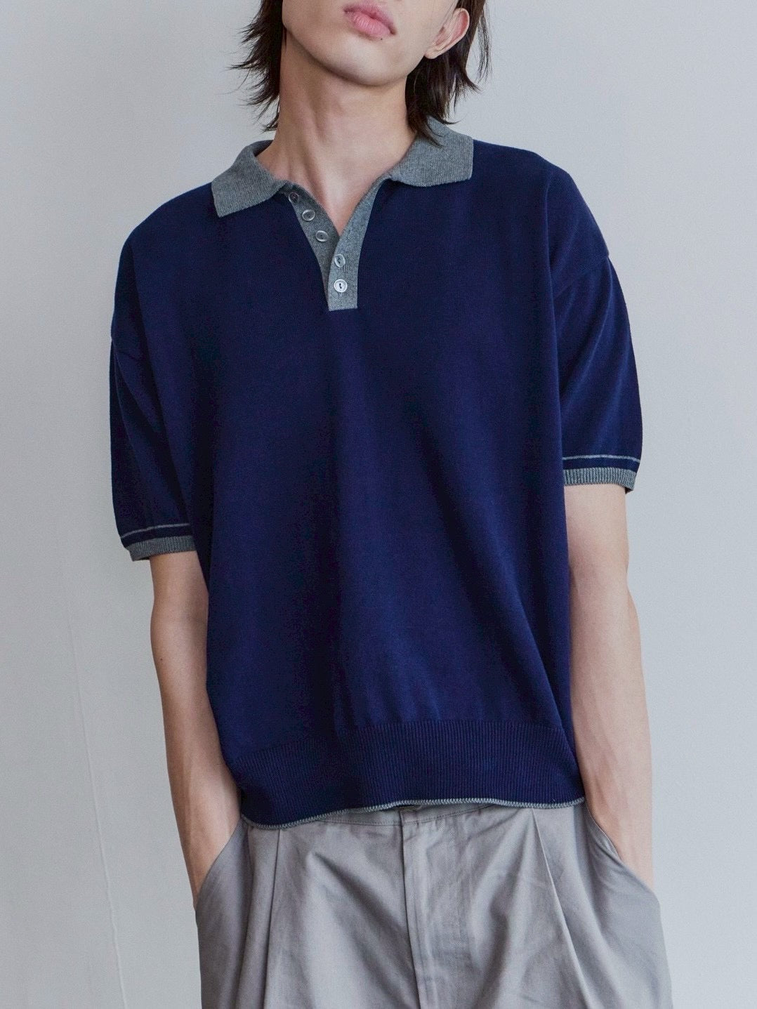 【Waviness】Accent Collar Polo Knit