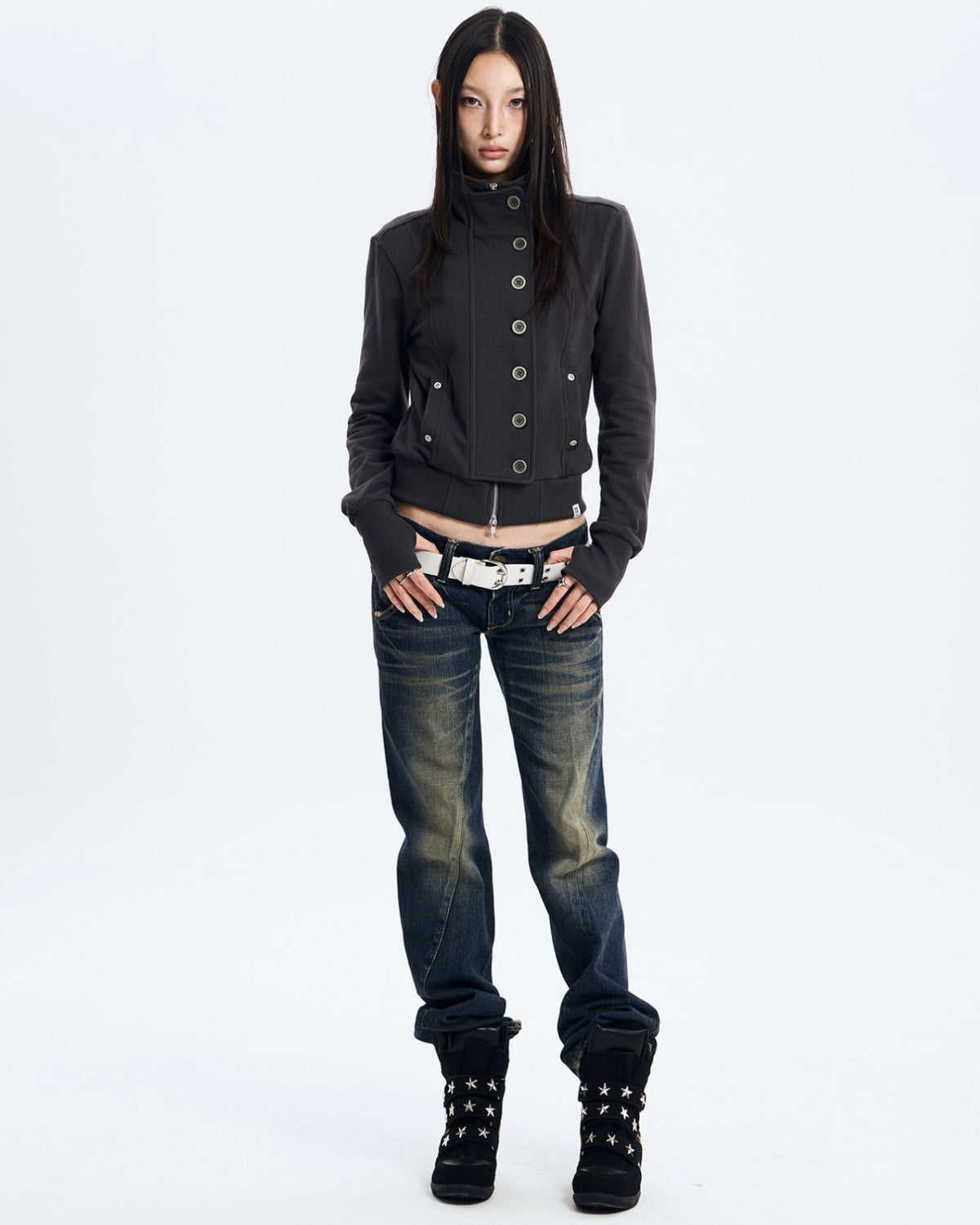 【NOT KNOWING】Button High Neck Zip Up