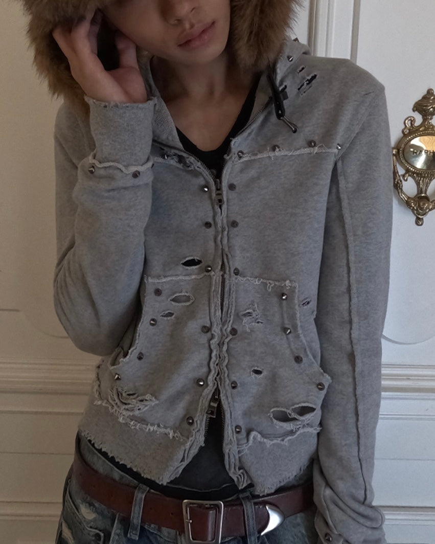 【LECYTO】Destroyed Spike Zip-Up Hoodie