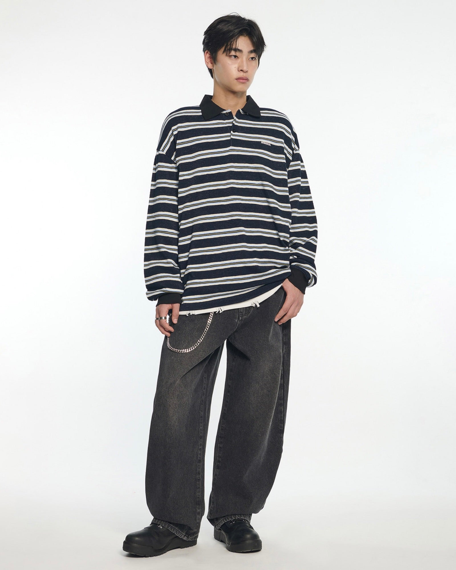 【NOMANUAL】STRIPE POLO LONG SLEEVE TEE