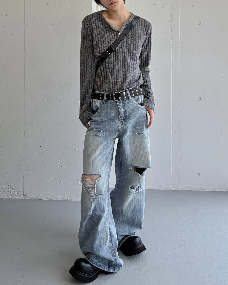 国際配送【LUV CODE】washed damage denim balloon pants