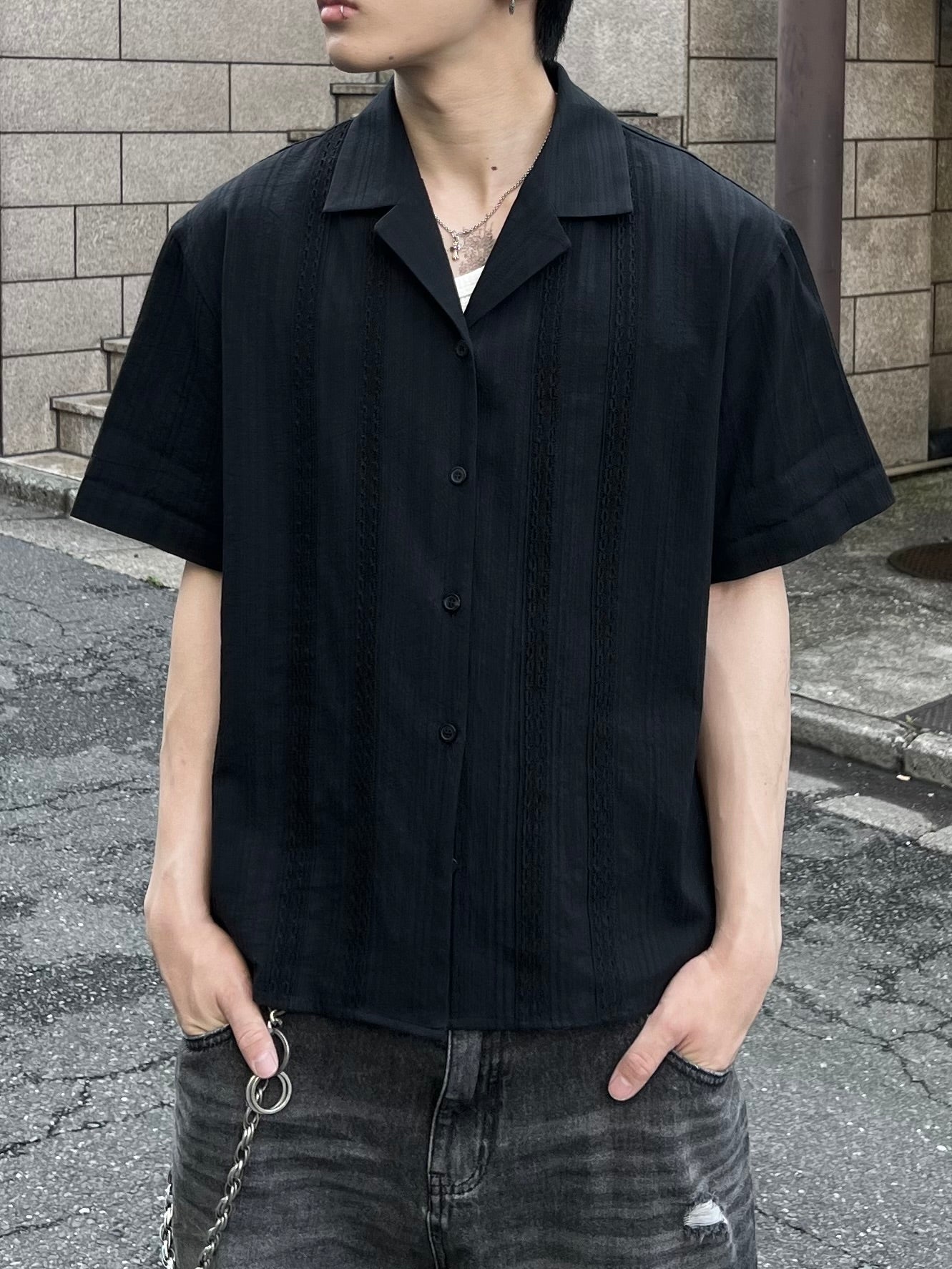 大阪店WEB限定受注制【Chikashitsu +】perforated open collar shirt (2color)