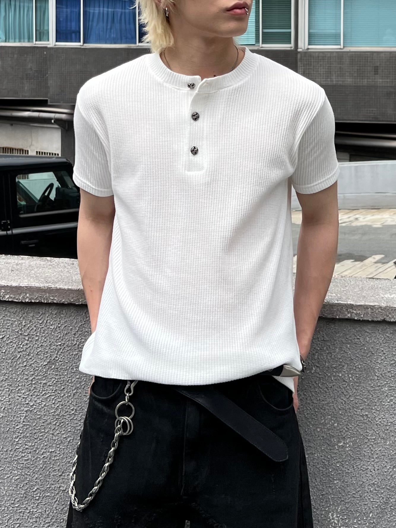 大阪店WEB限定受注制【Chikashitsu + 】button point henley neck t-shirt (3color)