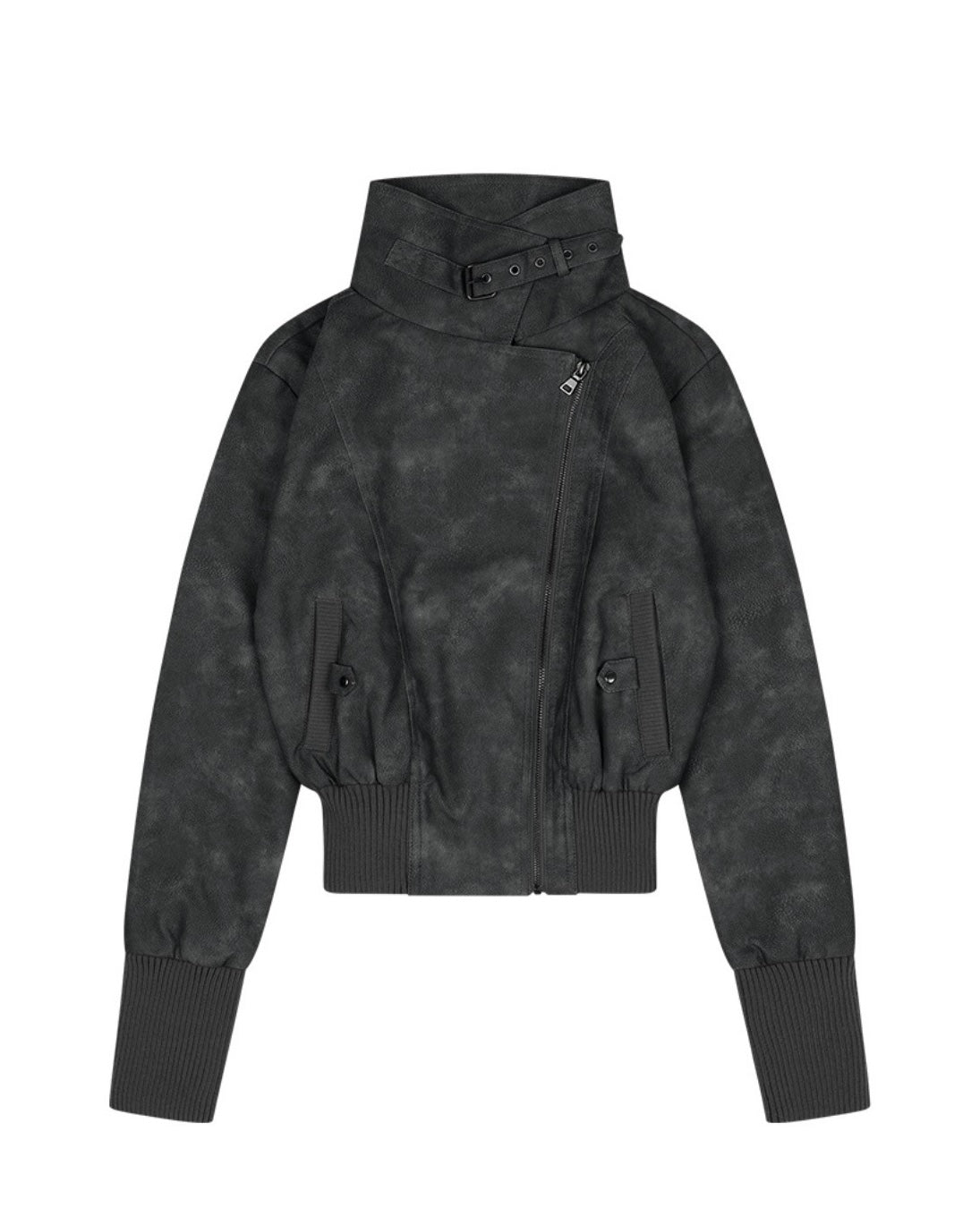 【FANCY CLUB】HIGH-NECK RIBBED LEATHER JACKET