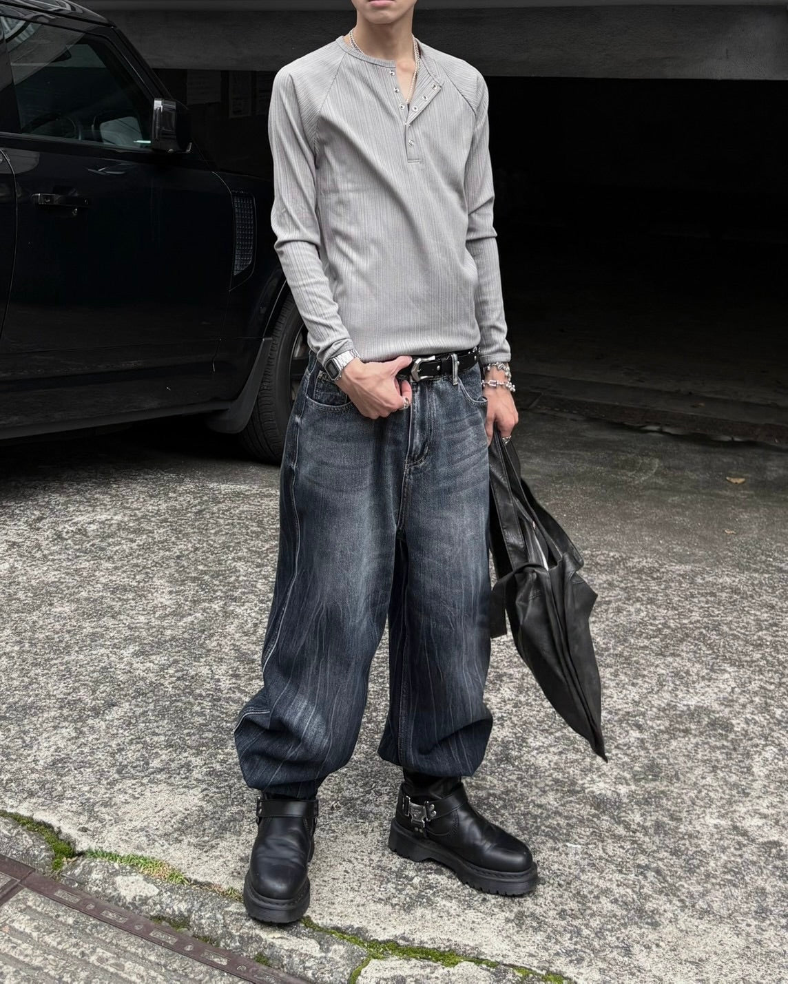 受注制【nmtc+】Snap henley neck ribbed slim top (4color)