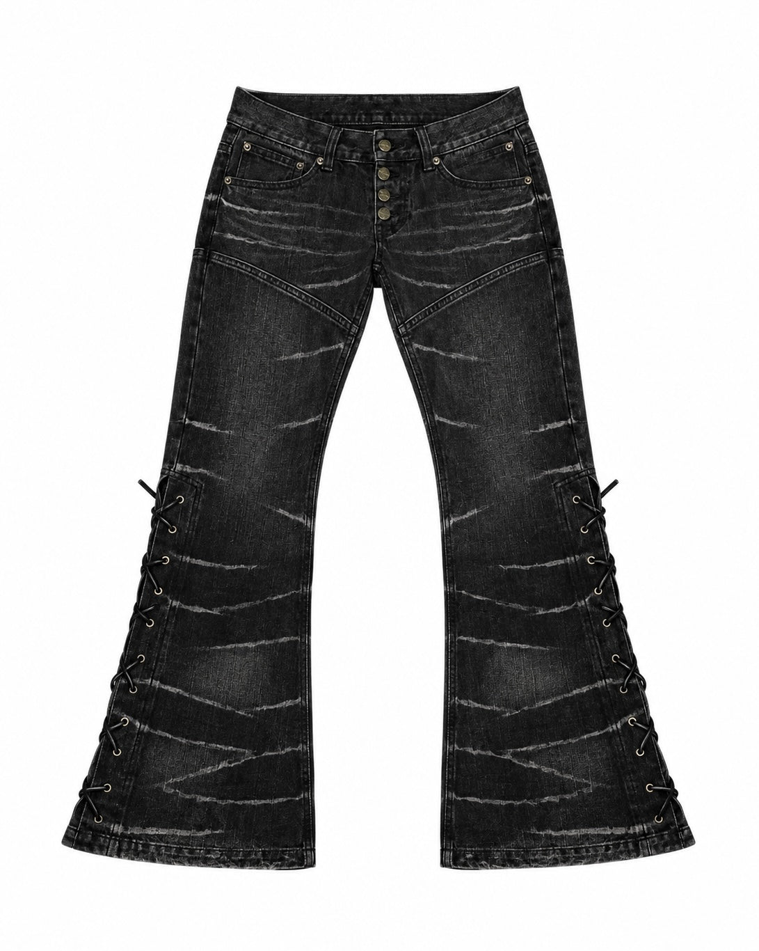 国際配送【Never mind the XU】Tornado Fade Lace-Up Flared Denim