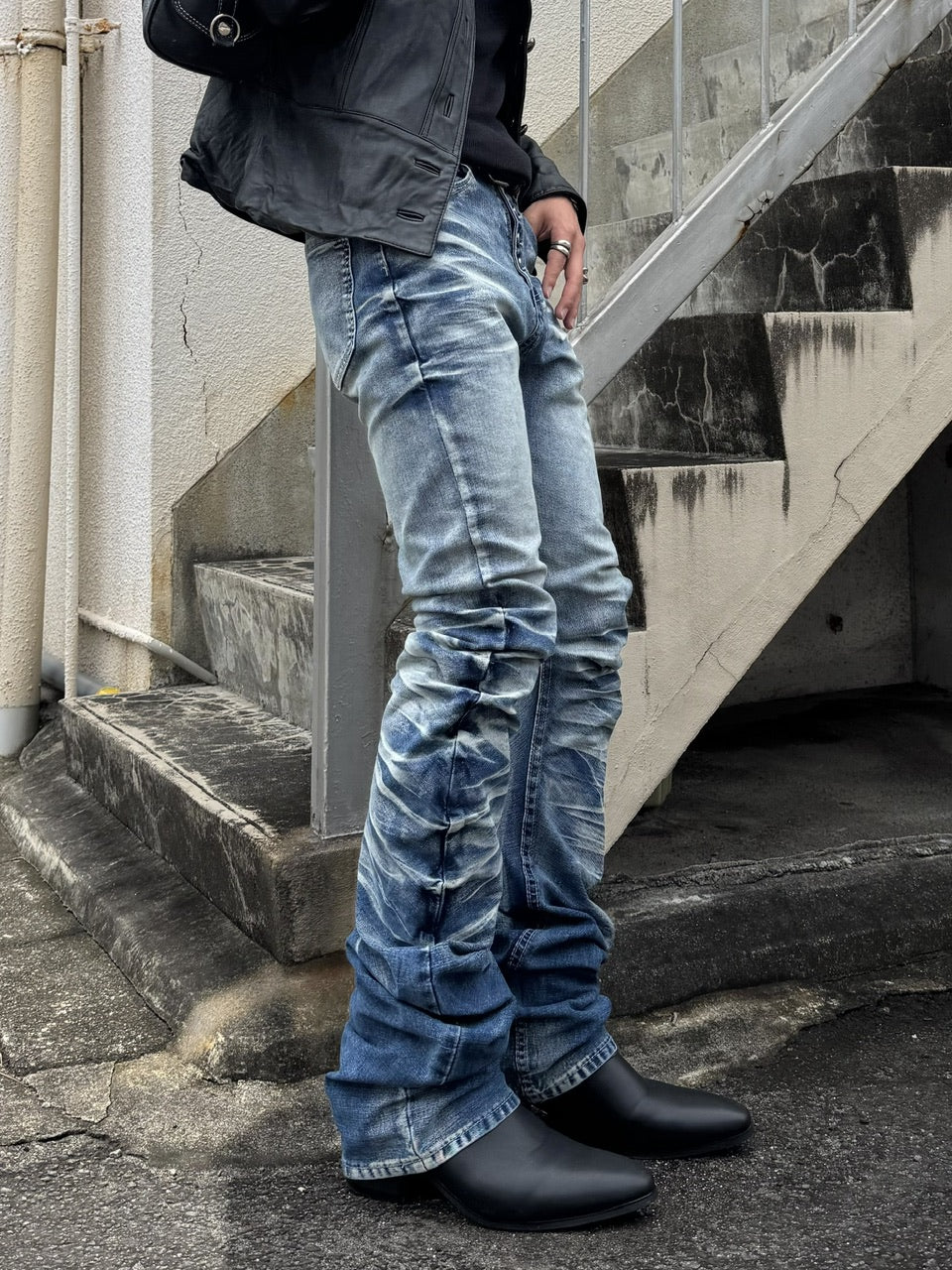 国際配送【RENOL】vintage washed knee pleat denim pants