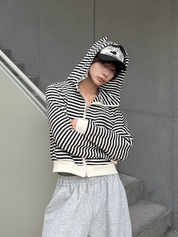 国際配送【LUV CODE】stripe cropped zip up hoodie