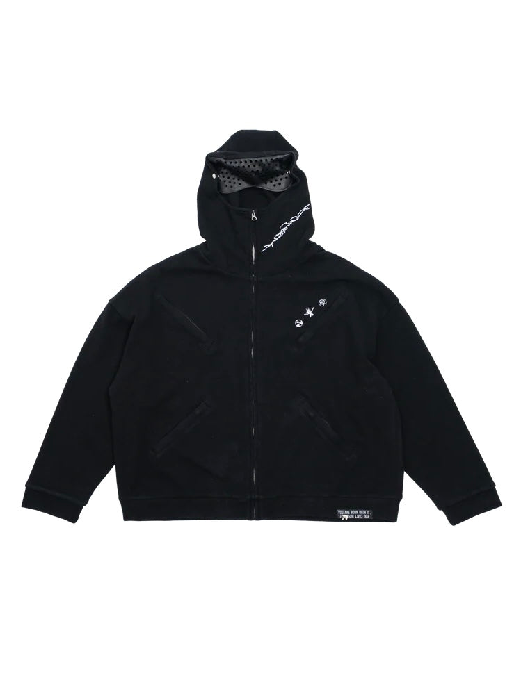 【F.V.V.O】Waffle Embroidered Mask Oversized Zip Hoodie