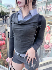 3/1 20:00発売 受注制【nmtc +】draep layered shirts / 【エヌエムティーシープラス】ドレープレイヤード長袖Tシャツ (2color)