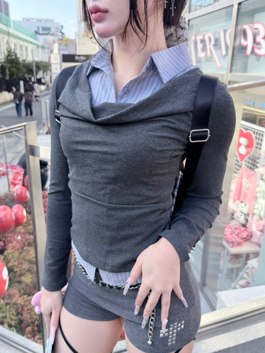 3/1 20:00発売 受注制【nmtc +】draep layered shirts / 【エヌエムティーシープラス】ドレープレイヤード長袖Tシャツ (2color)