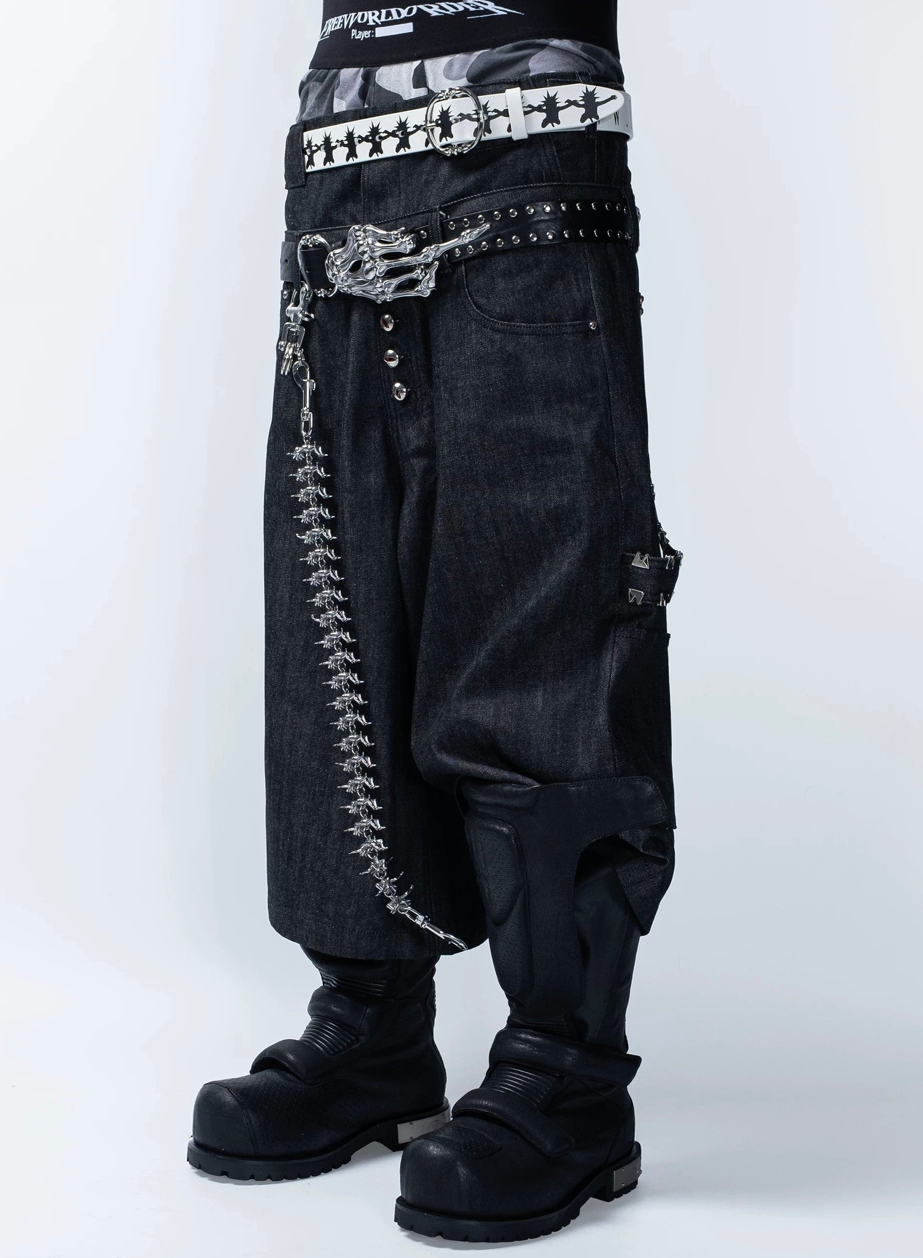 【F.V.V.O】Skeleton Hand & Spikes Leather Belt