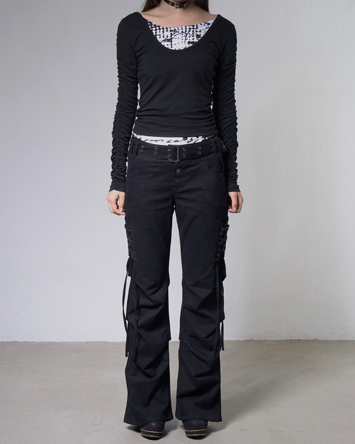 【FANCY CLUB】BELTED FLARE SHIRRING PANTS