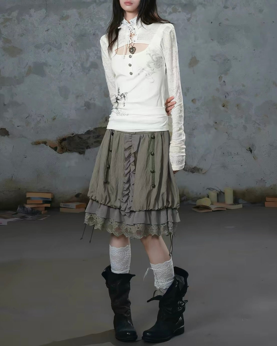 【Cest Nous】Lace-up Cross Top