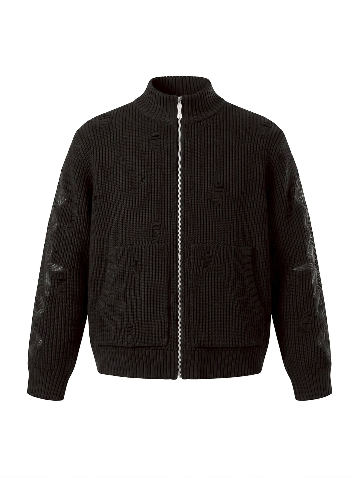 【The Boy Has No Patience】LEATHER PATCH DESTROYED ZIP SWEATER