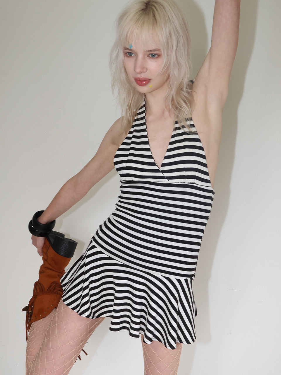 【CRANK】LOW BACK STRIPE HALTER DRESS
