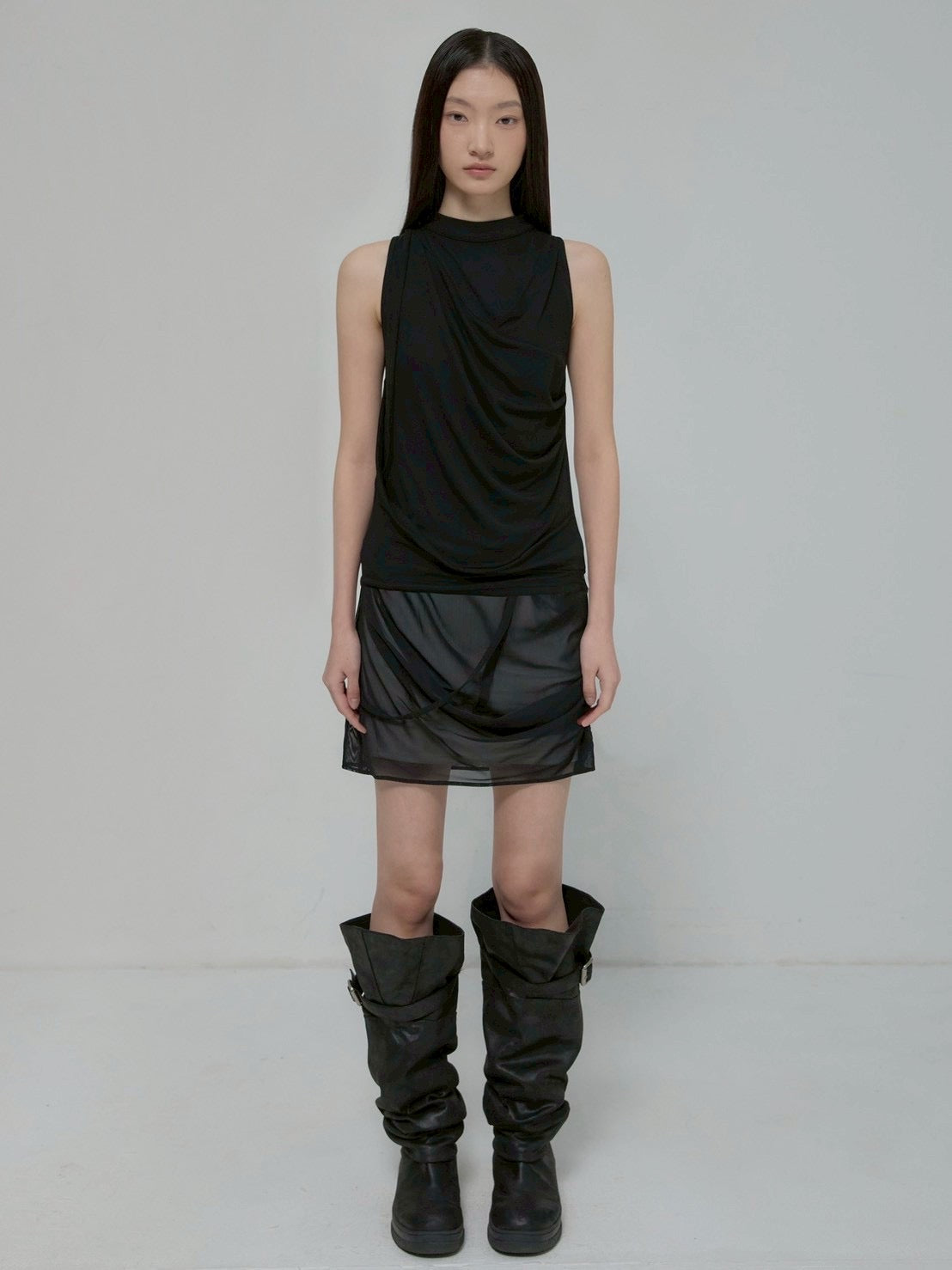 6/22 21:00発売【FLAREUP】Draped Mesh Layered Mini Skirt