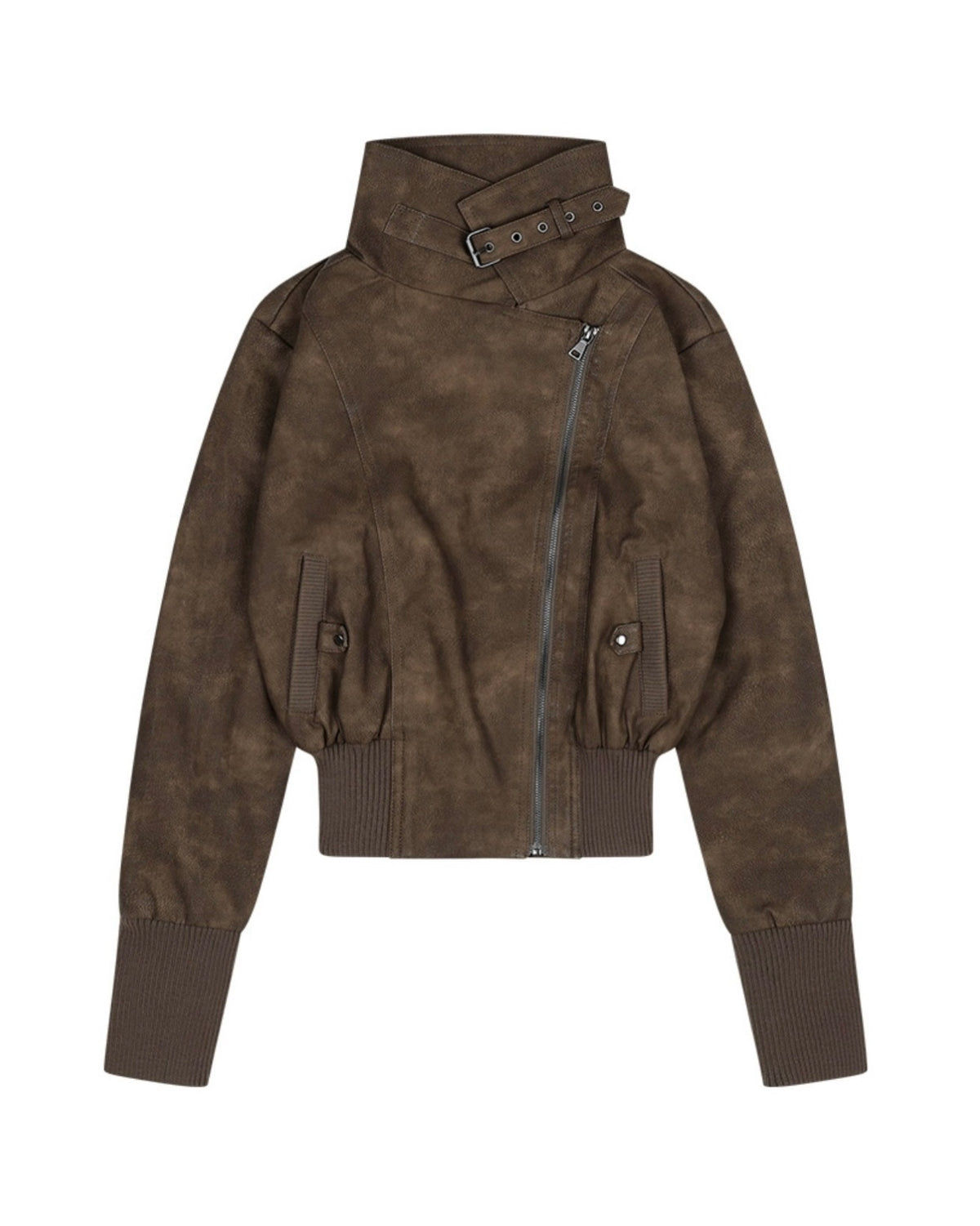 【FANCY CLUB】HIGH-NECK RIBBED LEATHER JACKET
