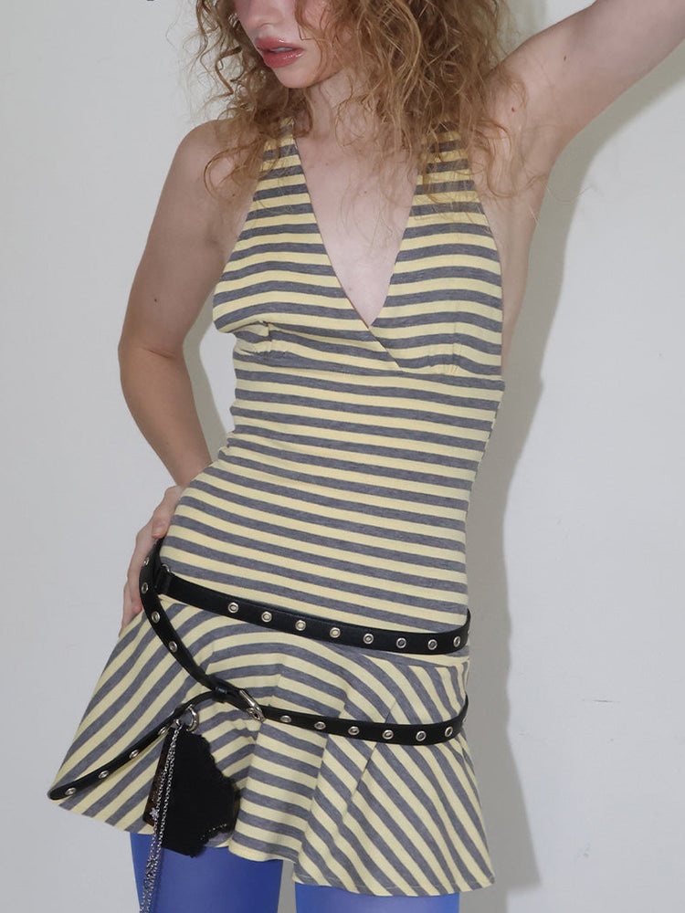 【CRANK】LOW BACK STRIPE HALTER DRESS