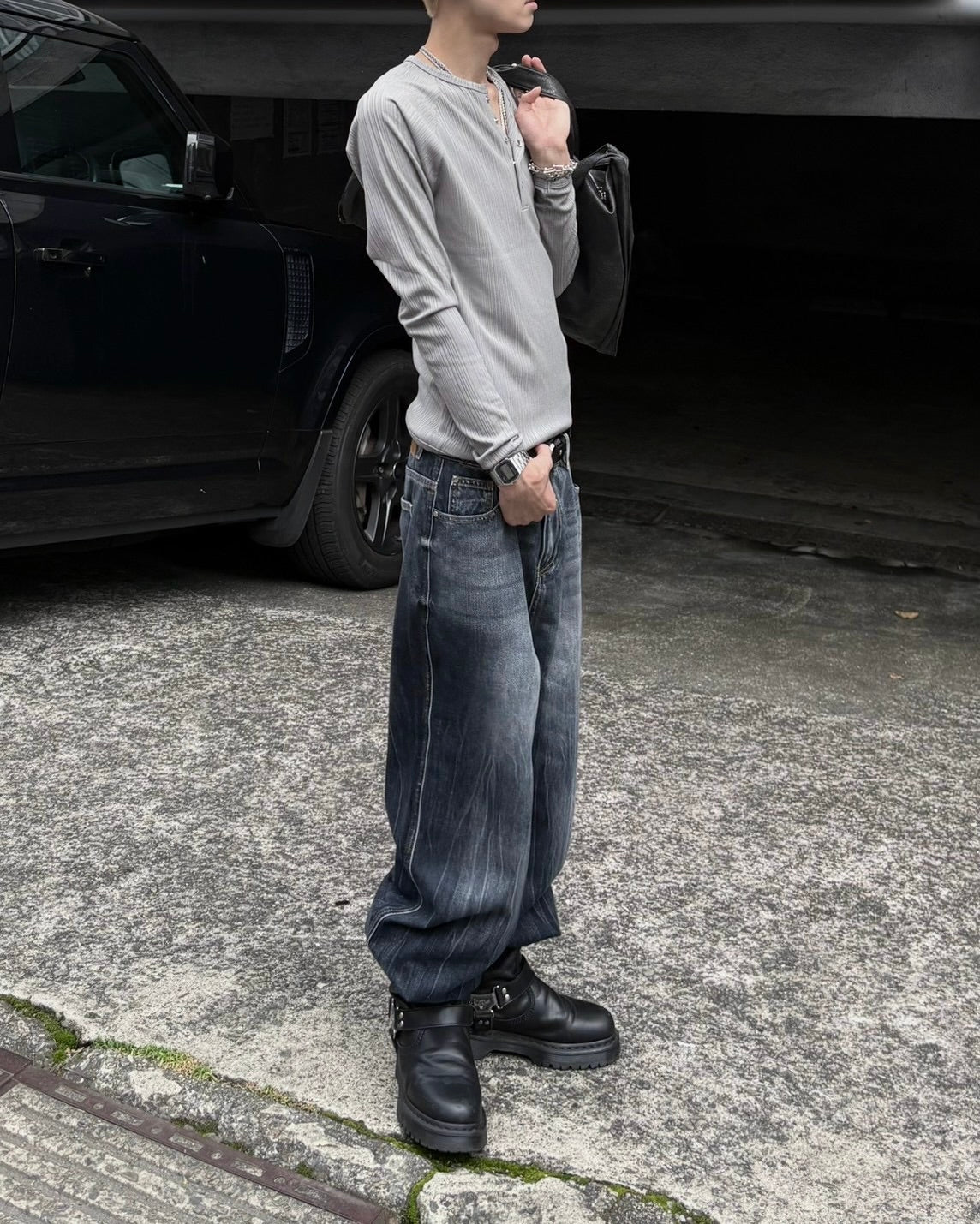 受注制【nmtc+】Snap henley neck ribbed slim top (4color)