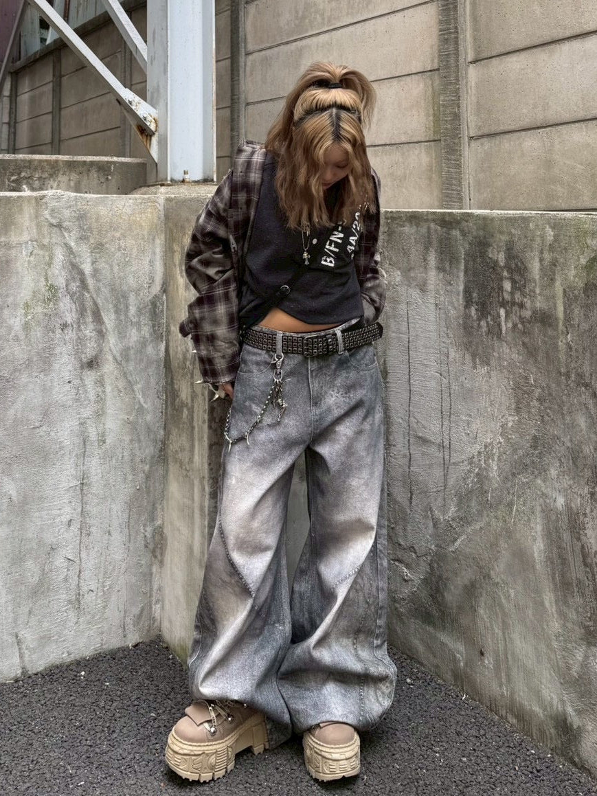 国際配送【Never mind the XU】3D print curve denim pants