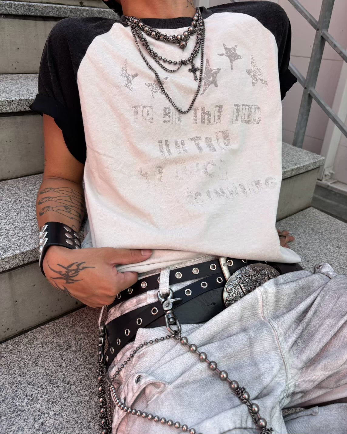 国際配送【Never mind the XU】star print raglan T-shirt (2color)