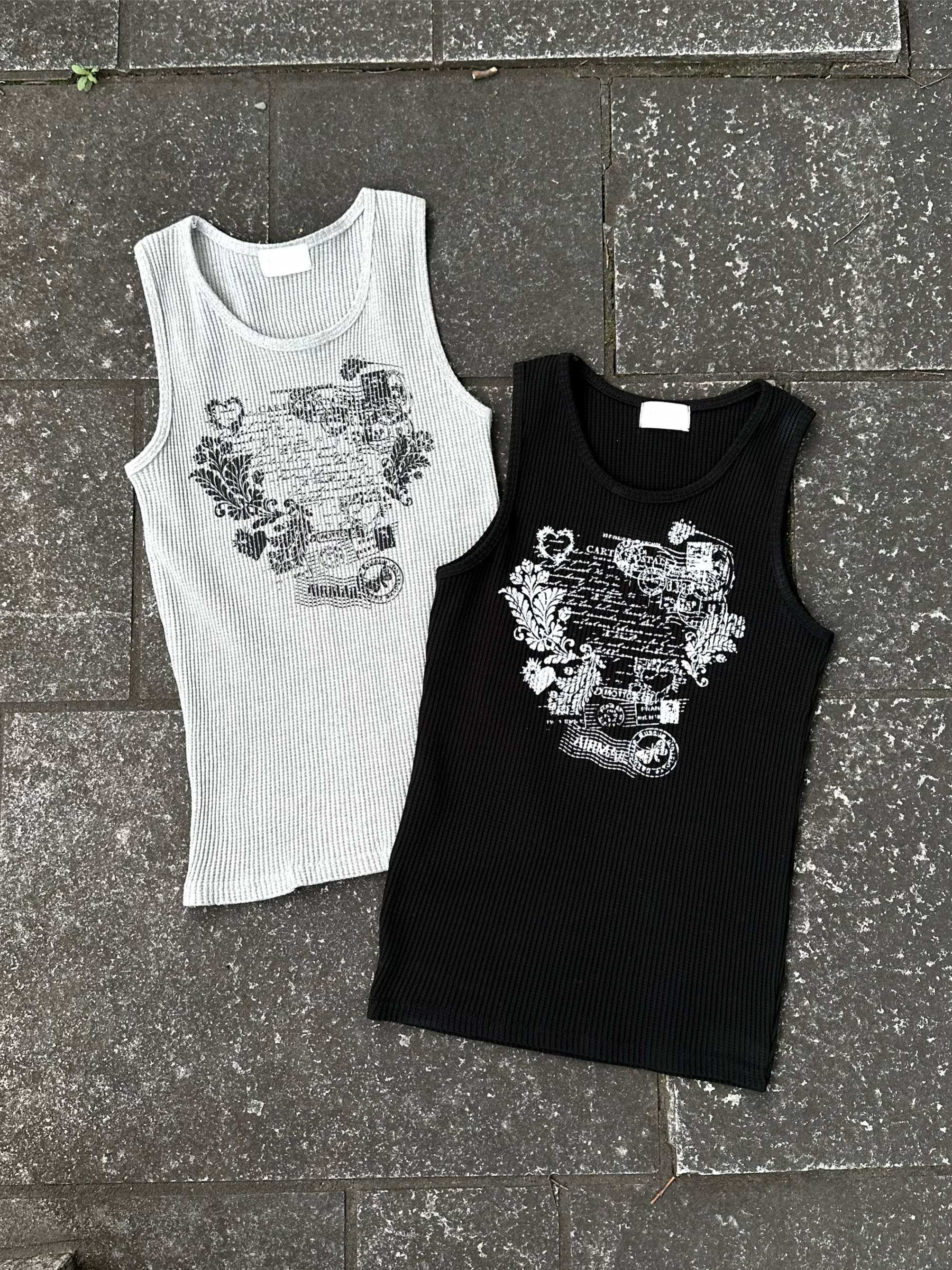大阪店WEB限定受注制【Chikashitsu +】graphic waffle tank (2color)