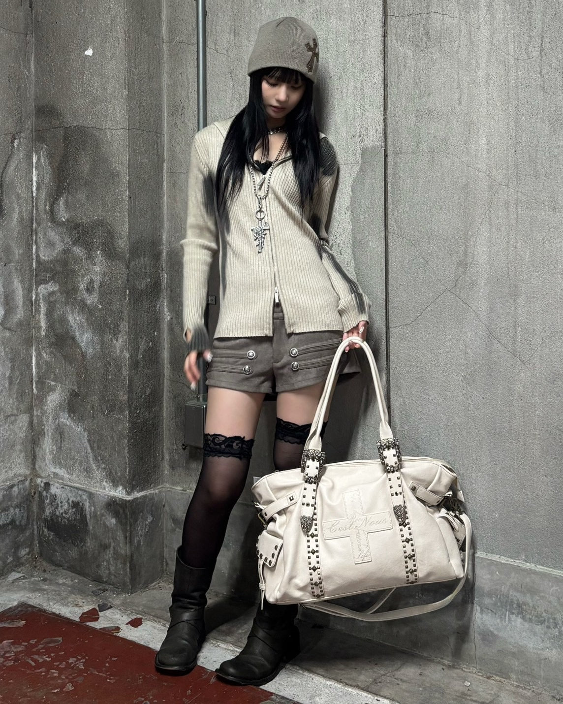 受注制【Never mind the XU】SPRAY WASH ZIP KNIT HOODIE (2color)