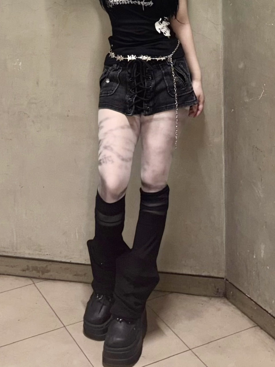 【Never mind the XU】gothic chain print tights